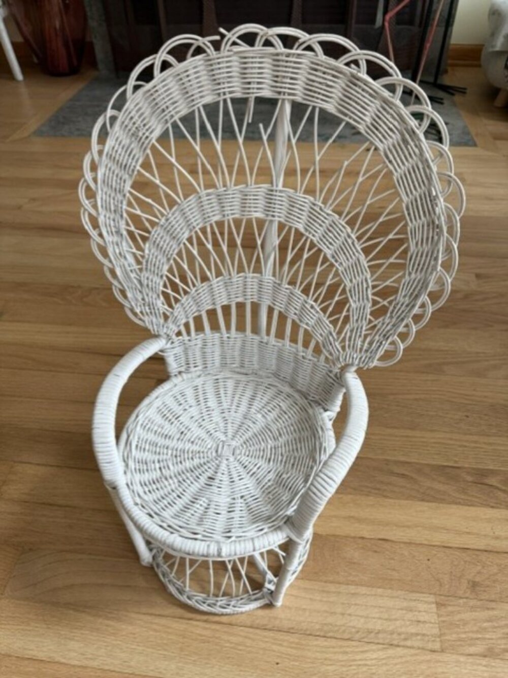 Vintage Doll Wicker Chair Rattan Peacock Fan Back 20"